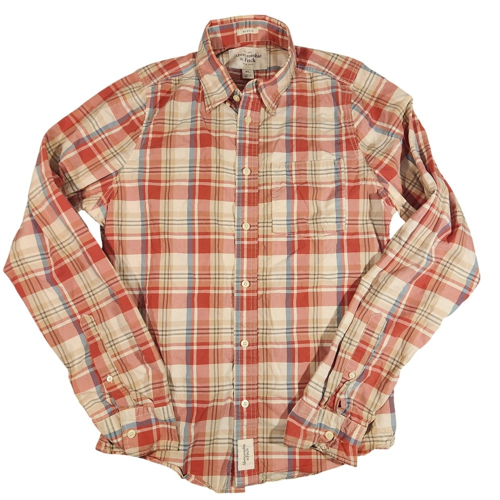 Abercrombie & Fitch Shirt Mens XL Red Blue Plaid Muscle Long Sleeve Button Down